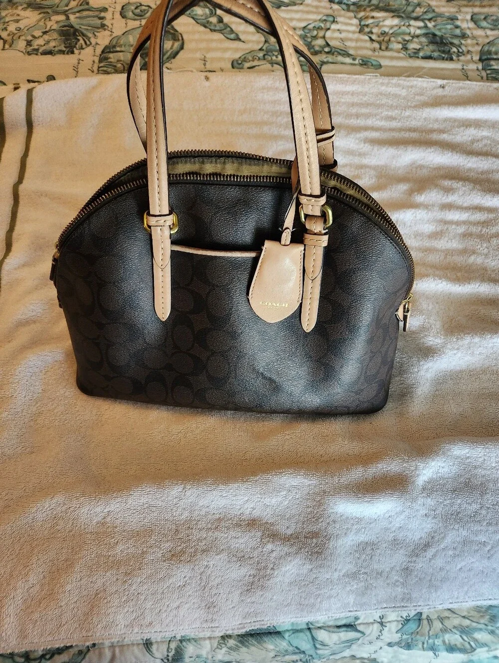 Coach Brown Signature Dome Satchel with Tan Trim and Red Tag